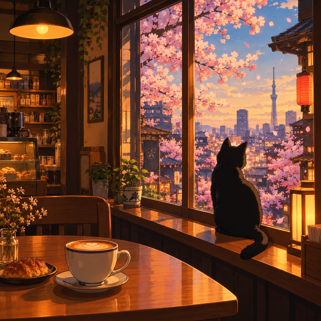 Cenário estilo anime de café aconchegante em Tóquio com gato preto e cerejeiras — estilo Ghibli