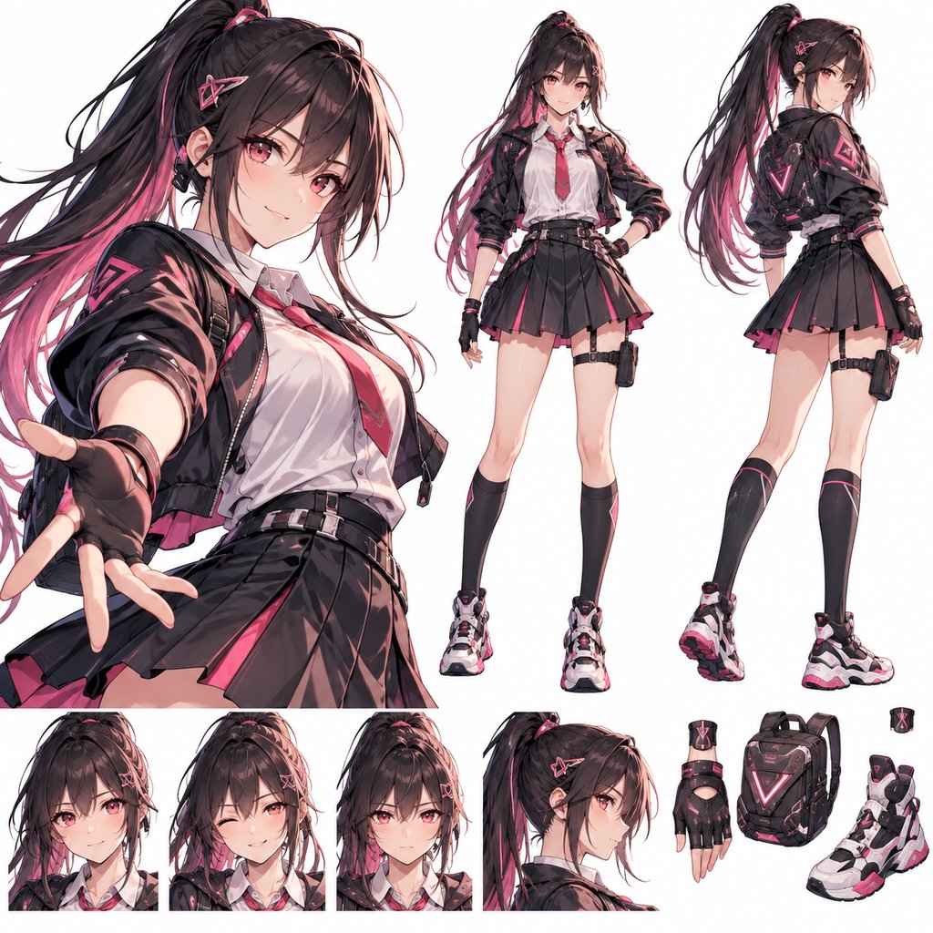 Ficha de personagem estilo anime: heroína com uniforme escolar futurista em 3 poses