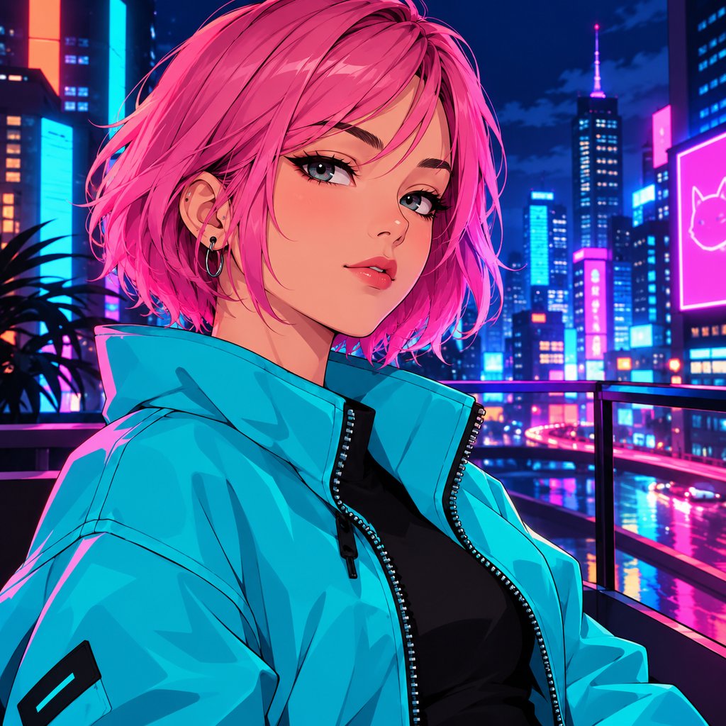 Ilustração estilo anime de garota com cabelo rosa e jaqueta ciano em cidade neon — retrato de personagem original