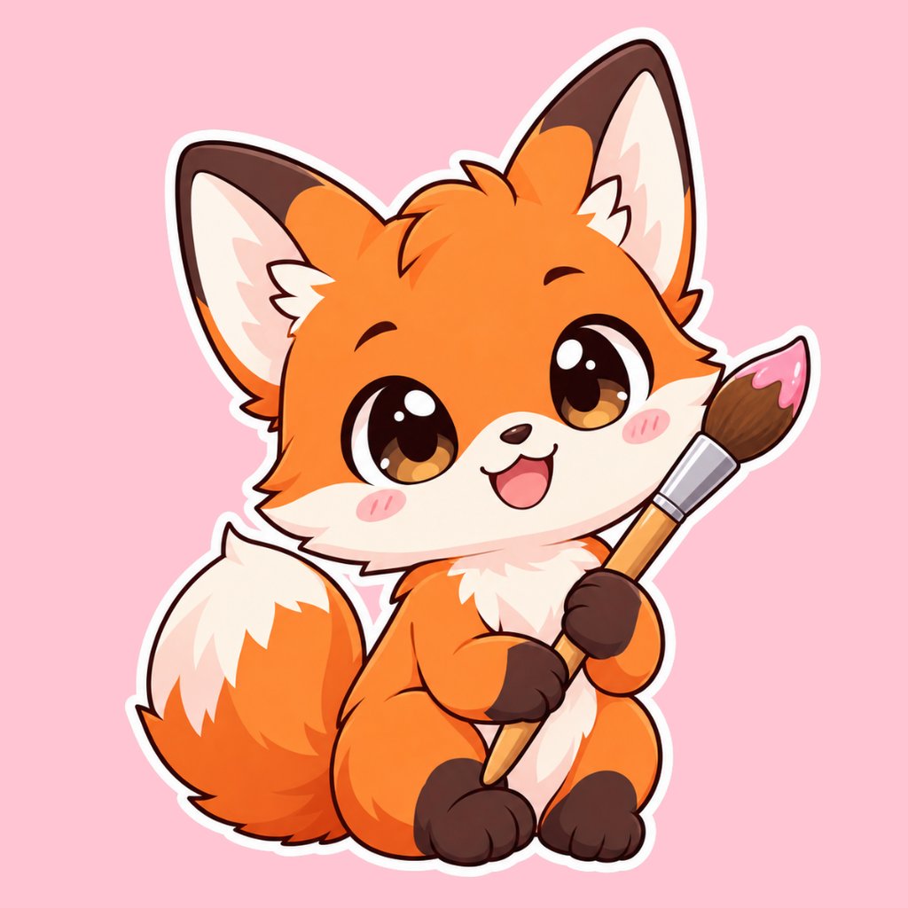 Mascote chibi de raposa kawaii segurando um pincel — mascote e stickers estilo anime