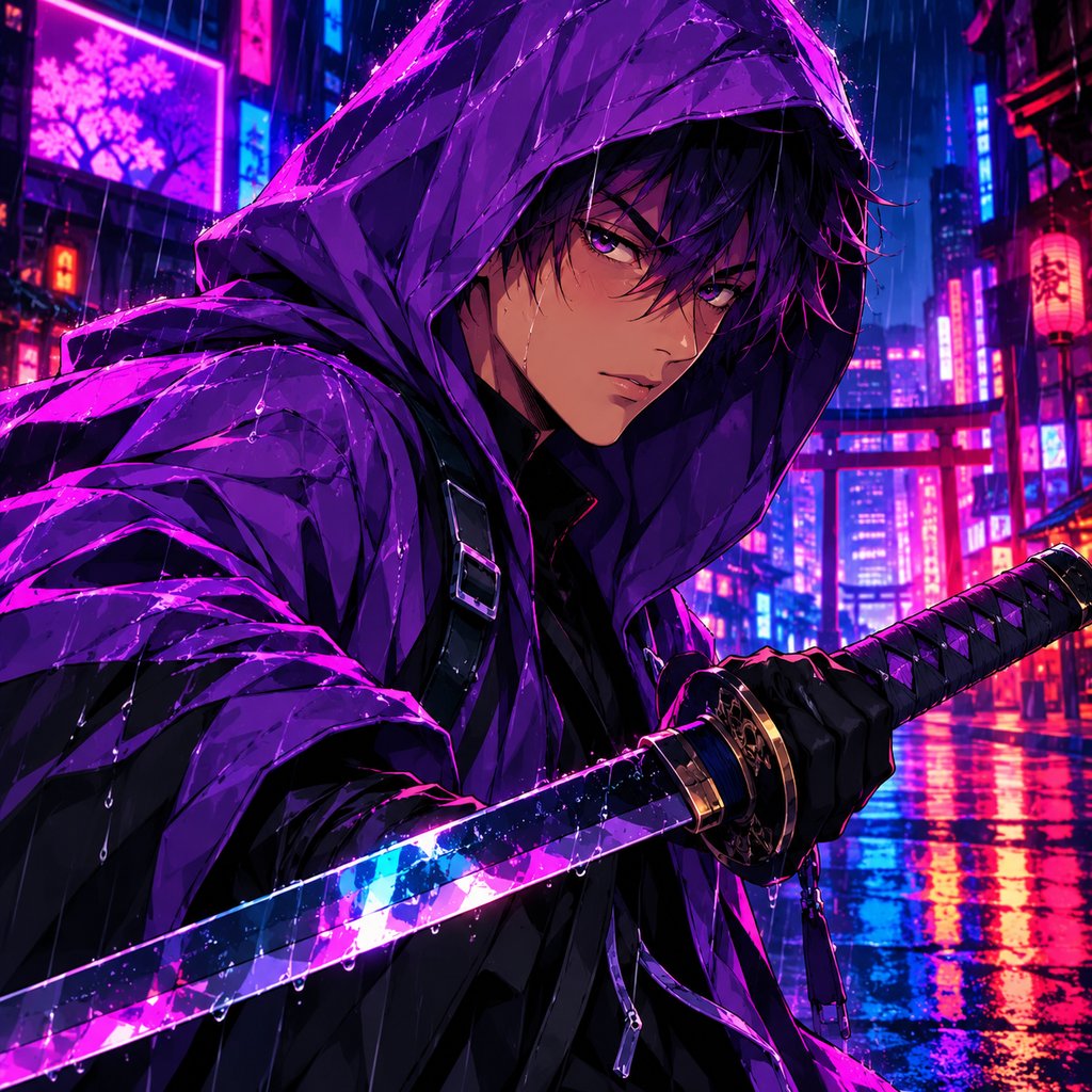 Ilustração estilo anime de samurai com capuz roxo e katana na chuva neon — capa estilo mangá