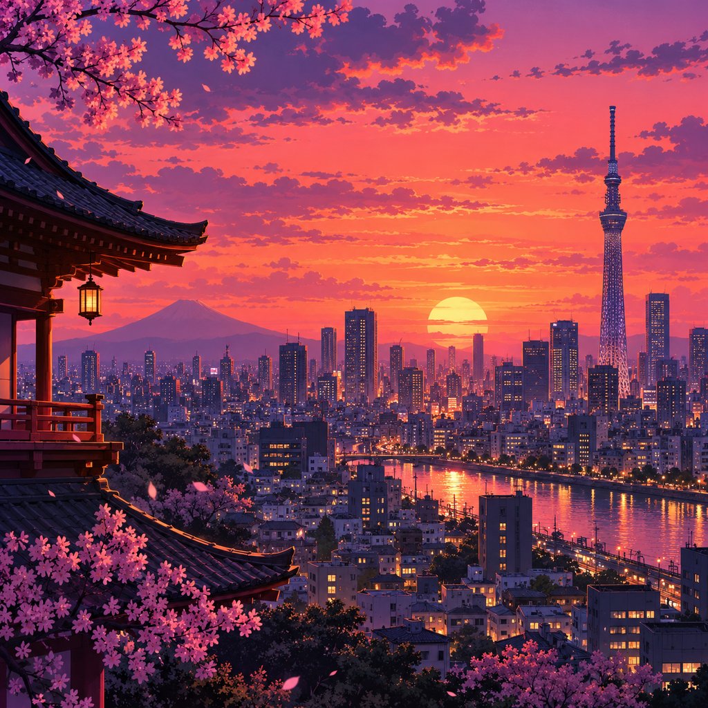 Ilustração estilo anime da skyline de Tóquio ao pôr do sol em tons rosa e roxo — background art